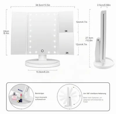 Produktbild von WEILY Schminkspiegel Beleuchtet Faltbar 1X/2X/3X Vergrößerung USB/Batterie Weiß