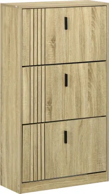 Image de HOMCOM Meuble à chaussures à 3 abattants, 18 paires, armoire à chaussures 3 compartiments, grande capacité pour entrée, couloir, salon, 63 x 24 x 117 cm, chêne