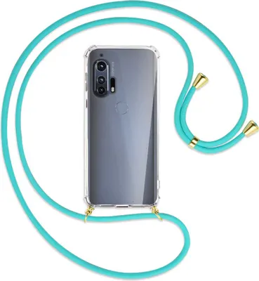 Produktbild von Handykette Backcover-Schutzhülle mit Band (Metall goldfarben) für Motorola Edge Plus - türkis