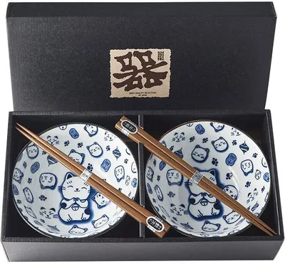 Obrázek produktu pro Japan Set misek Maneki Cat s hůlkami 400 ml 2 ks