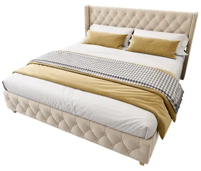 Imagen del producto de Cama tapizada de 160x200 cm con somier y cabecero, tapizada en terciopelo color beige claro, con acolchado de botones y remaches, patas de madera, ideal para el dormitorio