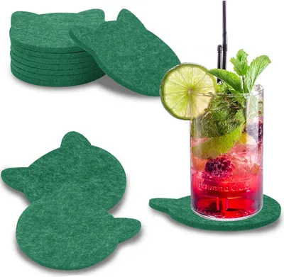 Produktbild von wortek Filz Untersetzer - Deko Tischset I Filzdeckel für Getränke, Tassen, Bar & Tisch, 8er Set I 10cm I Katzenform, Dunkelgrün