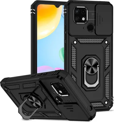 Image de Etui pour Xiaomi Redmi 10C étui double couche avec cache caméra coulissant et anneau de support noir