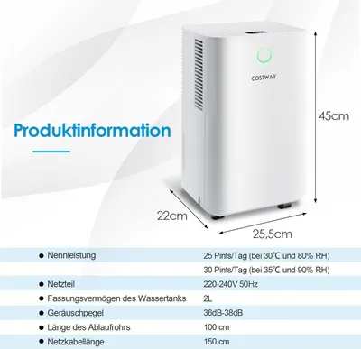Obrázek produktu pro 15㎡ Odvlhčovač 15L Odvlhčovač se 3 režimy Mobilní odvlhčovač 25,5 x 22 x 45 cm Bílá