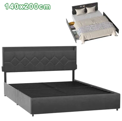 Obrázok produktu pre JOIEYOU Moderná čalúnená posteľ so 4 zásuvkami a čelom, rám postele 140 x 200 cm, posteľ s úložným priestorom do spálne, posteľ s úložným priestorom, tmavošedá