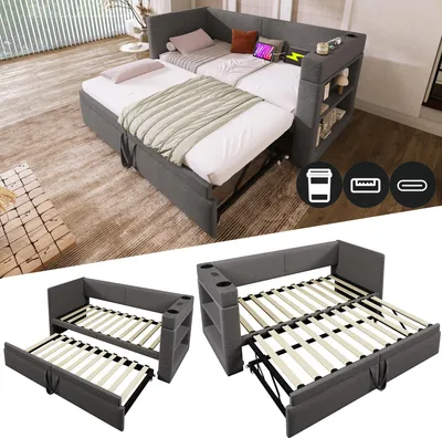 Zdjęcie produktu dla Łóżko tapicerowane z pojemnikiem na pościel, 90x200 cm, z możliwością rozłożenia, wyposażone w 3 porty USB i 1 port Type-C, 2 uchwyty na napoje, 2 otwarte półki, wymienne podłokietniki, obicie z mieszanki lnu i bawełny, kolor: szary