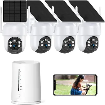 Image de 4 caméras de surveillance 4MP pour l'extérieur, caméra solaire WiFi pour l'extérieur, caméra solaire 2,4 GHz avec panneau solaire, vision nocturne 360 ° PTZ, audio bidirectionnel, PIR, audio bidirectionnel