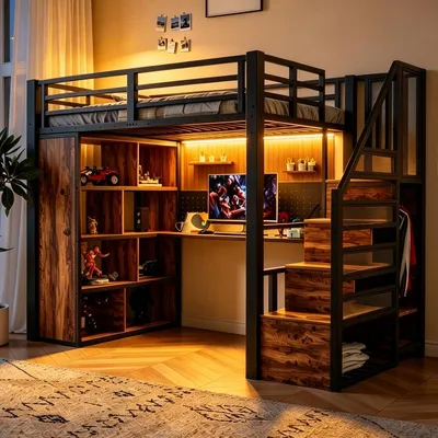 Productafbeelding van Metaal hoogslaper 90x200 cm met kledingkast, opbergtrap, bureau, stopcontacten en LED-verlichting, in de kleur zwart
