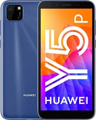 A blue Huawei Y5p smartphone is shown with a colorful background and large text overlay.