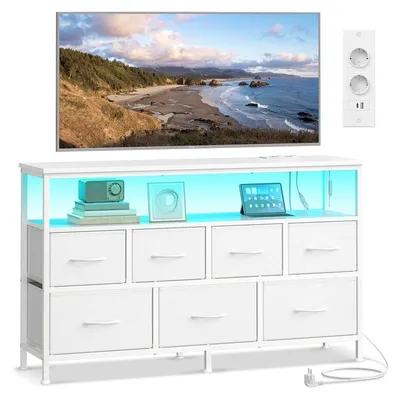 Image de Commode avec 7 tiroirs et 1 compartiment ouvert | Blanc nuageux | 113,8 x 30 x 68,1 cm