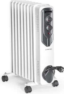 A white oil-filled radiator with a gray control panel and black wheels, shown against a white background.