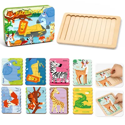 Produktbild von Kinder Holz-Streifenpuzzle, Lernspielzeug zur Frühförderung, Tiermotiv-Puzzlebrett, pädagogisches Lernspielzeug für Kleinkinder, Holzpuzzle