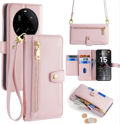 Produktbild von Handykette für Xiaomi 15 Ultra Hülle mit Band Handyhülle Kartenfächer Kunstleder Umhängetasche in Rosa