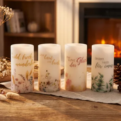 Produktbild von 4er Set LED Kerzen Echtwachs Weiß 15x7cm Spruch Blumen Flammenlos Tischdeko