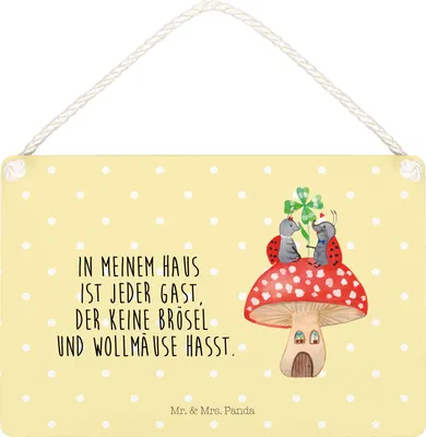 Produktbild von Mr. & Mrs. Panda holzbild Marienkäfer Fliegenpilz DIN A5 - Gelb Pastell - Geschenk, kleine aufmerksamkeit, Lustige Sprüche, Türschild, Fleigenpilzhaus, Schild, wandtafel