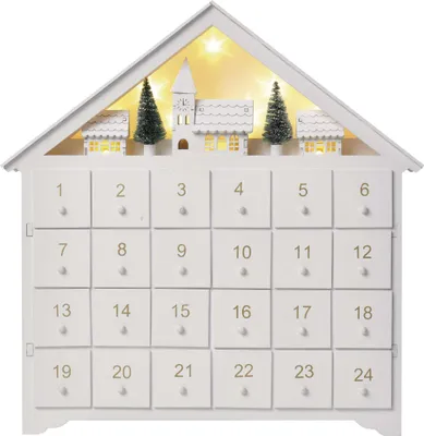 LED Adventskalender aus Holz, 35x33 cm, 2x AA, Innen, warmweiss, Timer