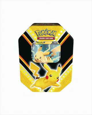 A Pokemon trading card game tin box featuring Pikachu-V.