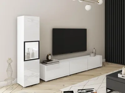 Obrázok produktu pre Obývacia stena HEXIO - biela / biela lesklá + LED osvetlenie