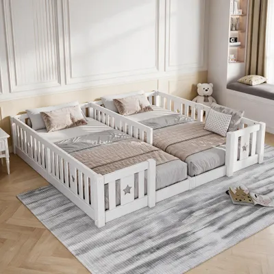 Produktbild von INONEFT Bodenbett 180x200 cm für 2 Kinder, Kinderbett aus Massivholz mit Rausfallschutz und Lattenrost, Sternmotiv Montessori bed, ohne Matratze, Weiß
