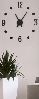 A wall clock with black hands and numbers on a white background, with a potted plant in the foreground.