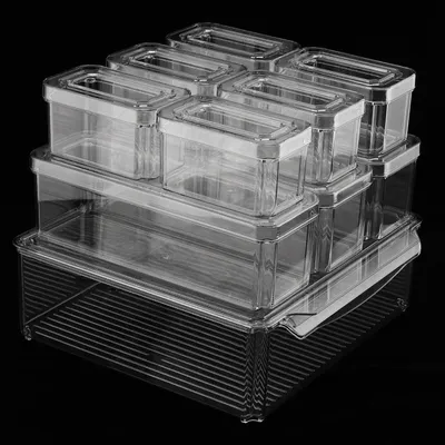 Immagine prodotto di Set di 10 contenitori per la conservazione in frigorifero - Contenitori trasparenti - Contenitori impilabili per l'organizzazione del congelatore - Contenitori in plastica per frigorifero - Con coperchi - Realizzati in plastica PET di alta qualità