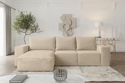 Produktbild von Ecksofa Sofa mit Schlaffunktion ESTELLE in Stoff Abriamo Beige Ottomane Links