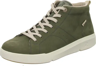A single green high-top sneaker with beige laces and sole, shown from a side-front angle against a white background.
