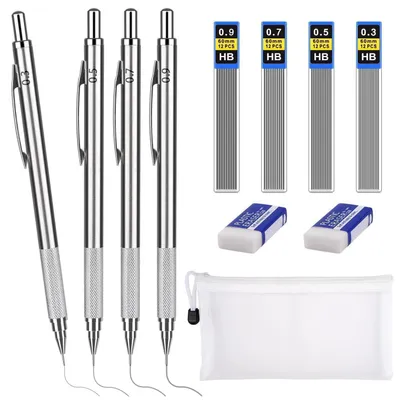 Image de Coffret de crayons à papier : 0,3/0,5/0,7/0,9 mm, HB, argent, 4 crayons, 48 mines, 2 gommes