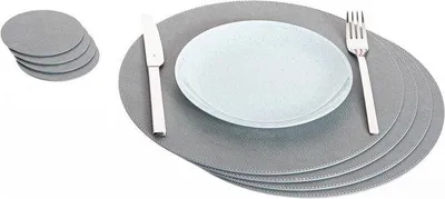 Zdjęcie produktu dla Zestaw 4 okrągłych podkładek pod talerze i podstawek pod nogi stołu z recyklingowanej skóry – kolor szary – podkładki o średnicy 33 cm, podstawki o średnicy 10 cm