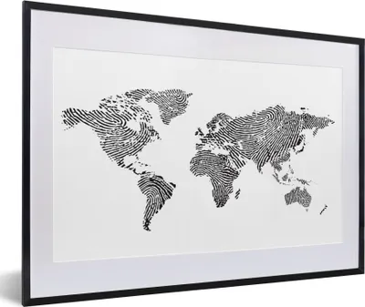 Produktbild von MuchoWow® Gerahmtes Poster Weltkarte - Fingerabdruck - Schwarz - Weiß - Kinder - Jungen - Mädchen 60x40 cm - Poster mit Schwarzem Bilderrahmen Wandposter Rahmen Foto Bilder - Schlafzimmer - Plakat in Rahmen - Drucken
