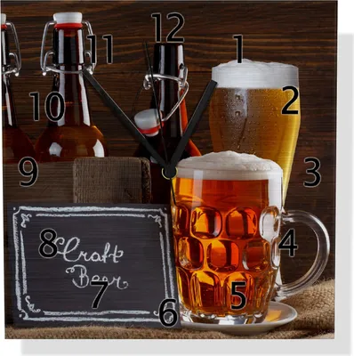 Produktbild von Wallario Design Wanduhr Biervarianten - Pils im Glas  Flaschenbier  Schild Craft Beer aus Aluverbund, Größe 30 x 30 cm