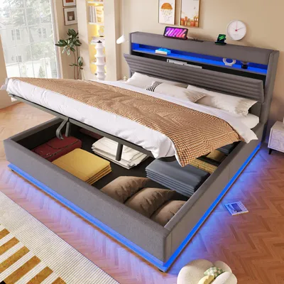 Produktbild von Polsterbett , 180x200cm, Mit USB Typ-C Ladefunktion, LED-Beleuchtung, Hydraulische Lagerung, Flip-Top-Aufbewahrungsfach, Ohne Matratze, Drucktaste/Appdienung, Leinen, Grau