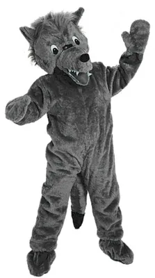 Graues Wolf Maskottchen-Kostüm für Erwachsene mit großem Wolfskopf, Fangzähnen, Plüsch-Overall, angenähten Handschuhen und Fußstulpen.