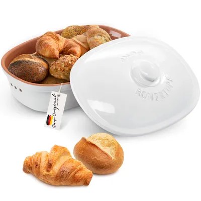 Produktbild von Römertopf Brottopf oval MAXI 6,5 Liter - Brotkasten Weiß aus Keramik - Atmungsaktiver Tontopf für langanhaltende Frische von Brot und Brötchen