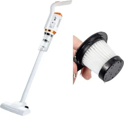 A white handheld vacuum cleaner is shown next to a close-up of its filter.