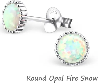 Produktbild von Opal Ohrringe: Silber Ohrstecker mit Opal Imitat Round Opal Fire Snow