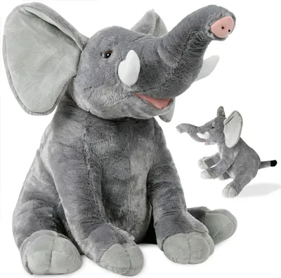 A large plush elephant toy is shown in the foreground, with a smaller plush elephant toy in the background.
