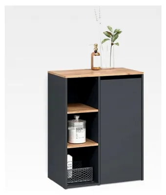 Produktbild von Badschrank Paolina, Anthrazit/Goldkraft Eiche, 68 x 88,2 cm, mit offenen Regalen und Wäschekorb