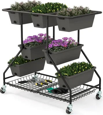 Produktbild von GOPLUS Blumenständer mit 3 Ebenen, Gartenbeet mit 7 Pflanzkästen & Drainagelöchern, Blumentreppe mit Rollen, Blumenbeet mit Ablagefläche, Schwarz
