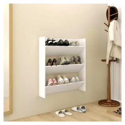 Produktbild von Wand Schuhschrank, Hängend, Schmal, Schuhregal, Schuhaufbewahrung, Hängeorganizer, 3 Kippböden, Holzwerkstoff Weiß 80x18x90 cm