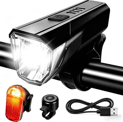 Obrázek produktu pro Sada LED světel na kolo, silné osvětlení, přední a zadní světlo, 3 režimy, nabíjení přes USB typu C, vodotěsné (IPX6)
