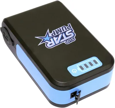 A black and blue portable power bank with a battery indicator and a logo.