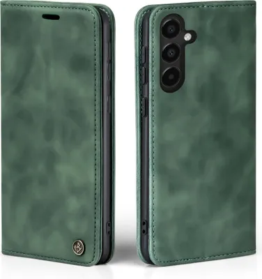 A green flip case for a smartphone is shown from two angles.