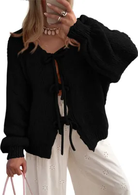Produktbild von ASKSA Damen Strickjacke Schleife Vorne Strick Cardigan Strickpullover Puffaermel Herbst Winter Open Front Pullover Locker Outwear (Schwarz,M)