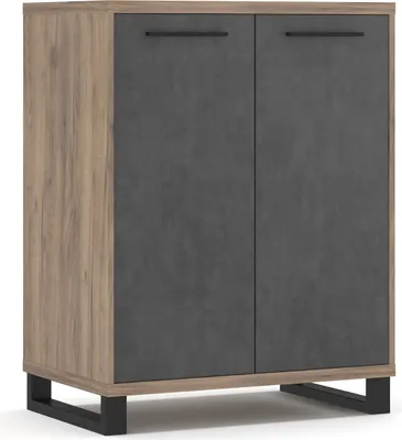 A two-door cabinet with a wood-grain finish on the sides and a dark gray finish on the doors, set on black metal legs.