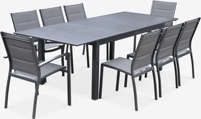 A gray outdoor dining set with a table and eight chairs, presented on a white background.
