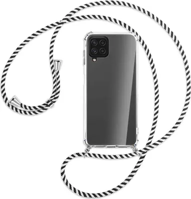 Produktbild von Handykette Backcover-Schutzhülle mit Band (Metall silberfarben) für Samsung Galaxy A22 4G (A225) - schwarz/weiß gestreift