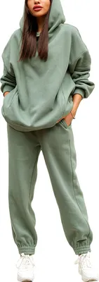 Produktbild von ASKSA Damen 2 Teilig Set Trainingsanzug Freizeitanzug Sportanzug Kapuzenpullover Jogginganzug, Grün, XL