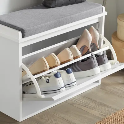 Produktbild von SoBuy Schuhschrank Schuhbank mit Sitzfläche, Schuhregal mit Stauraum, Klappe, Sitzkissen, bis 150 kg belastbar, für Flur, Wohnzimmer Weiß FSR98-W