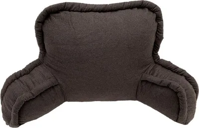 A dark brown backrest pillow with armrests, isolated on a white background.
